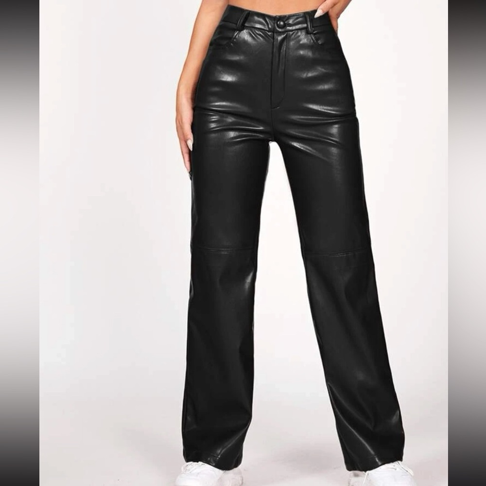 Petite black faux leather pants